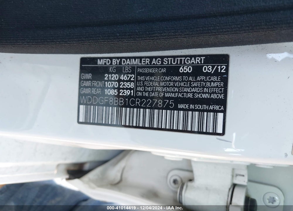 2012 MERCEDES-BENZ C VIN: WDDGF8BB1CR227875