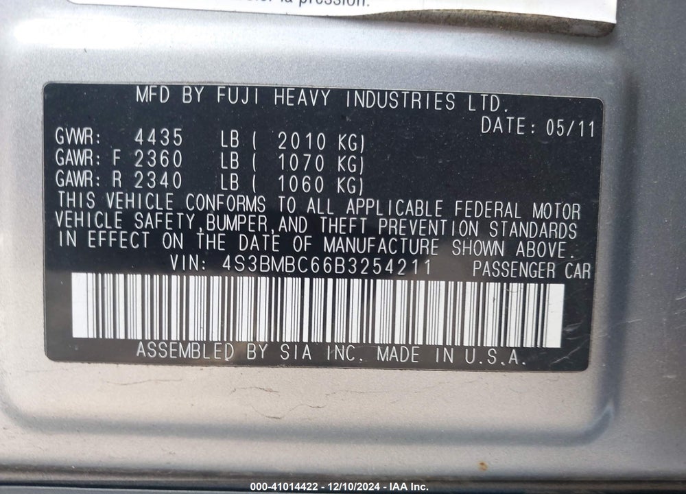 2011 SUBARU LEGACY 2.5I PREMIUM VIN: 4S3BMBC66B3254211