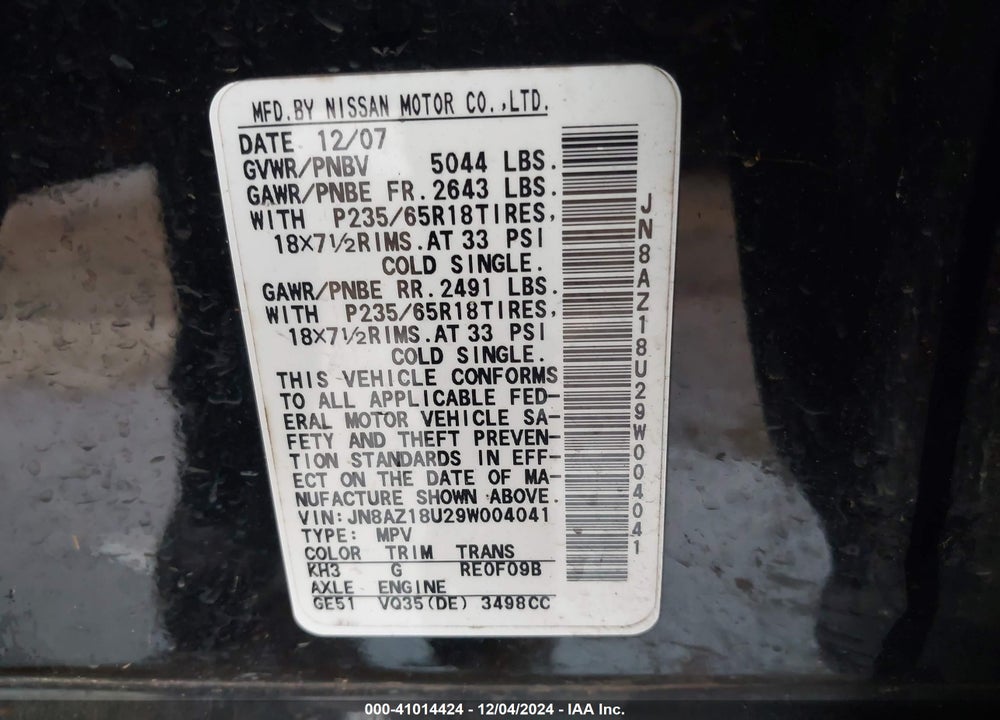 2009 NISSAN MURANO SL VIN: JN8AZ18U29W004041