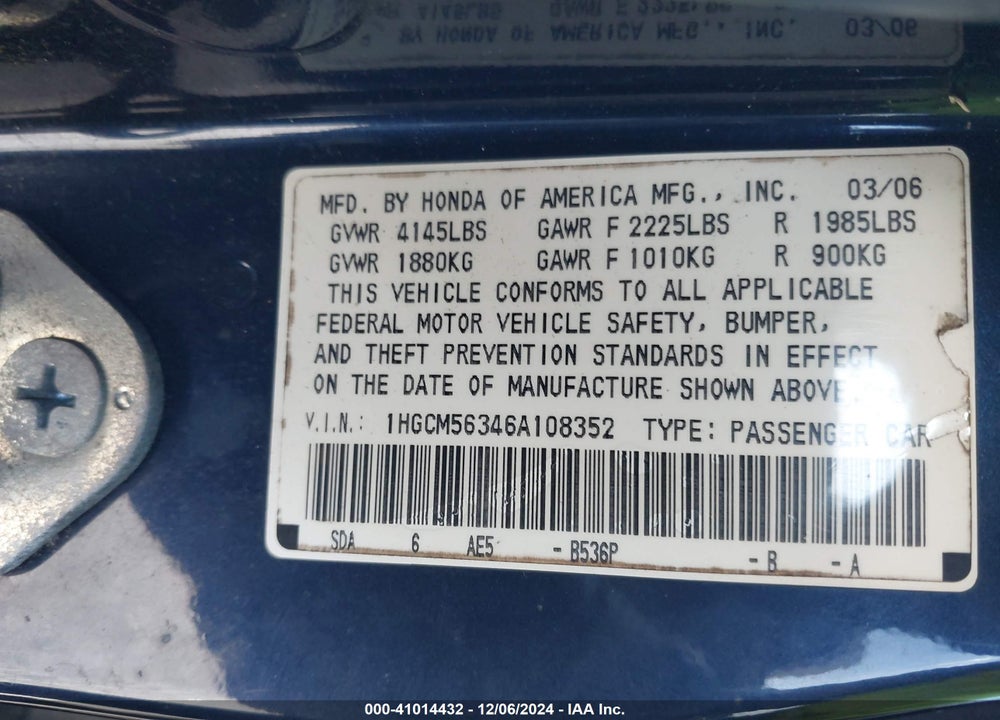 2006 HONDA ACCORD 2.4 SE VIN: 1HGCM56346A108352