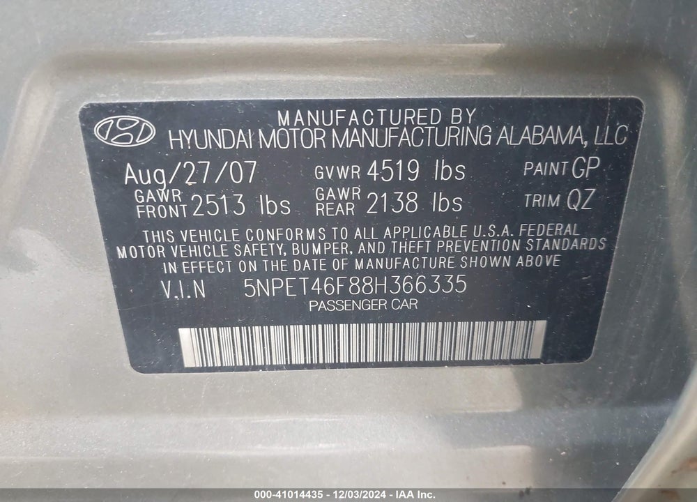 2008 HYUNDAI SONATA GLS V6 VIN: 5NPET46F88H366335