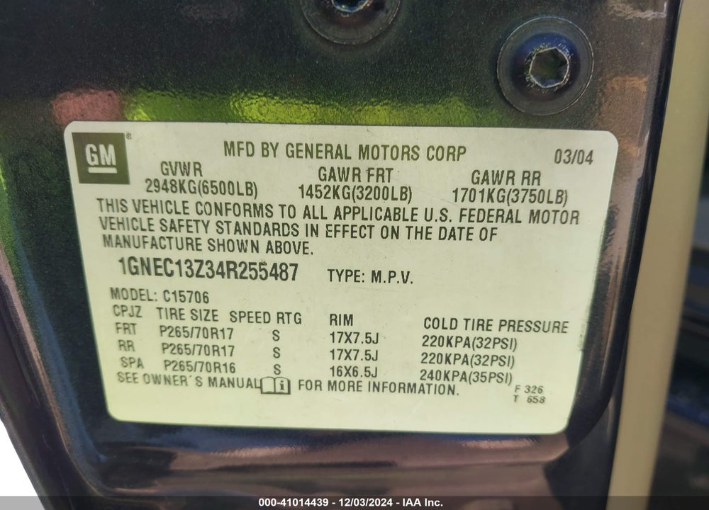2004 CHEVROLET TAHOE LS VIN: 1GNEC13Z34R255487