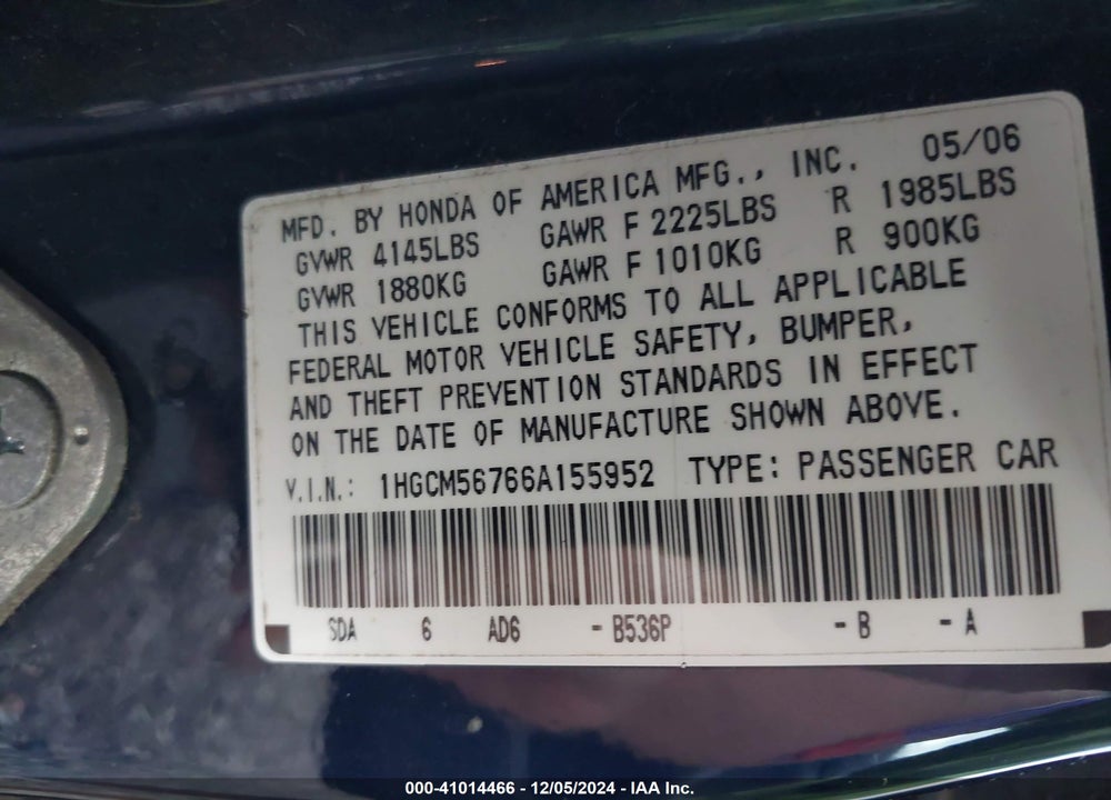 2006 HONDA ACCORD 2.4 EX VIN: 1HGCM56766A155952