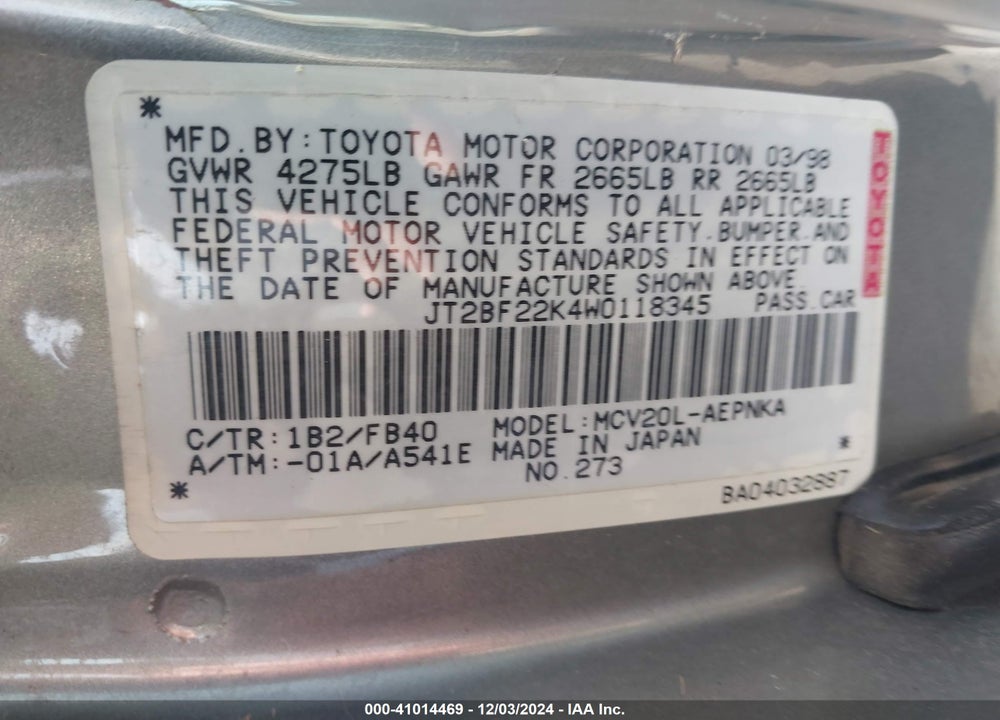 1998 TOYOTA CAMRY LE V6 VIN: JT2BF22K4W0118345