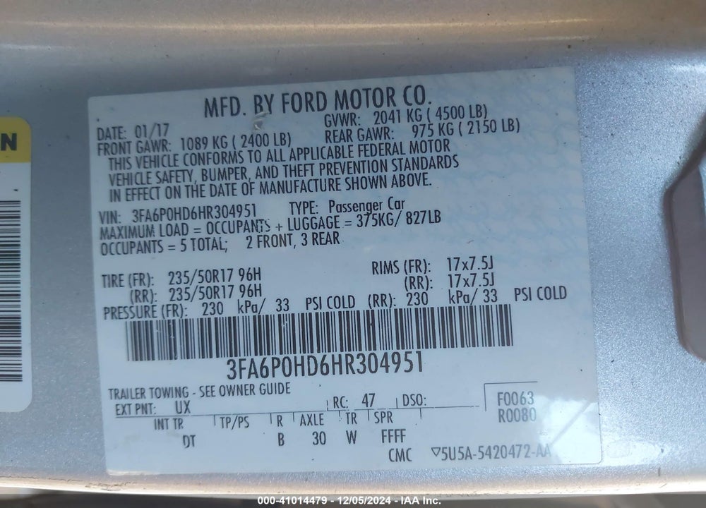 2017 FORD FUSION VIN: 3FA6P0HD6HR304951