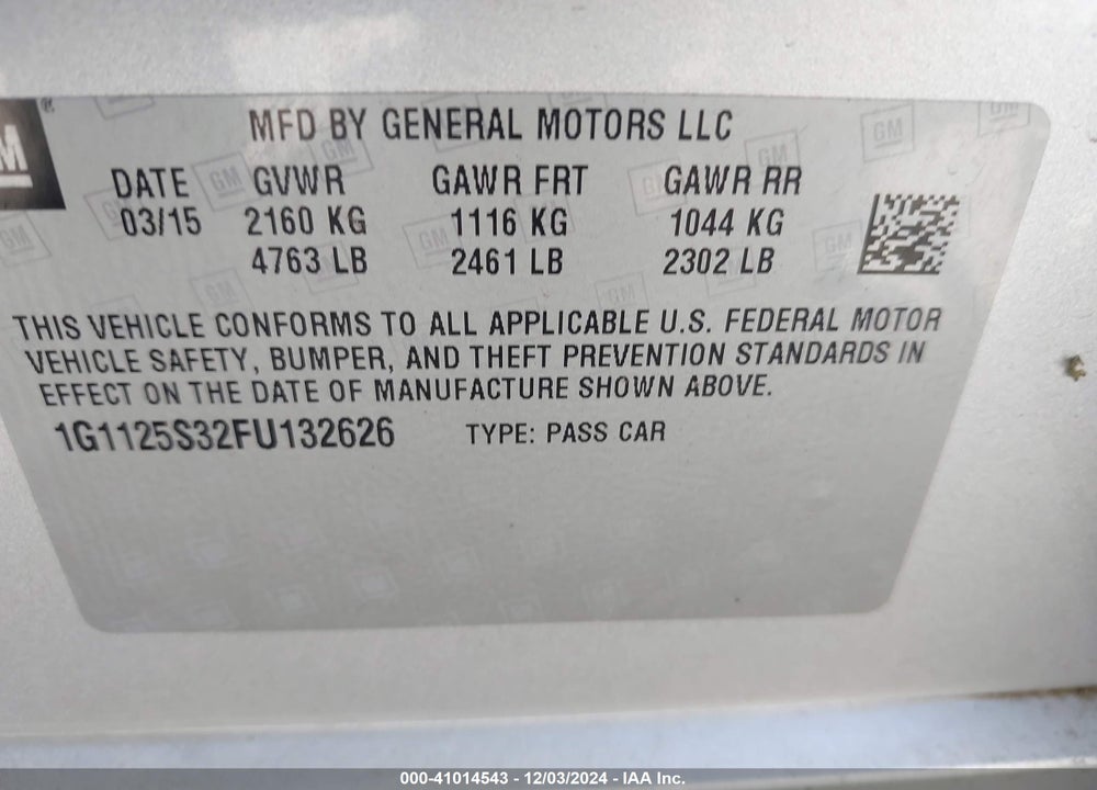 2015 CHEVROLET IMPALA 2LT VIN: 1G1125S32FU132626