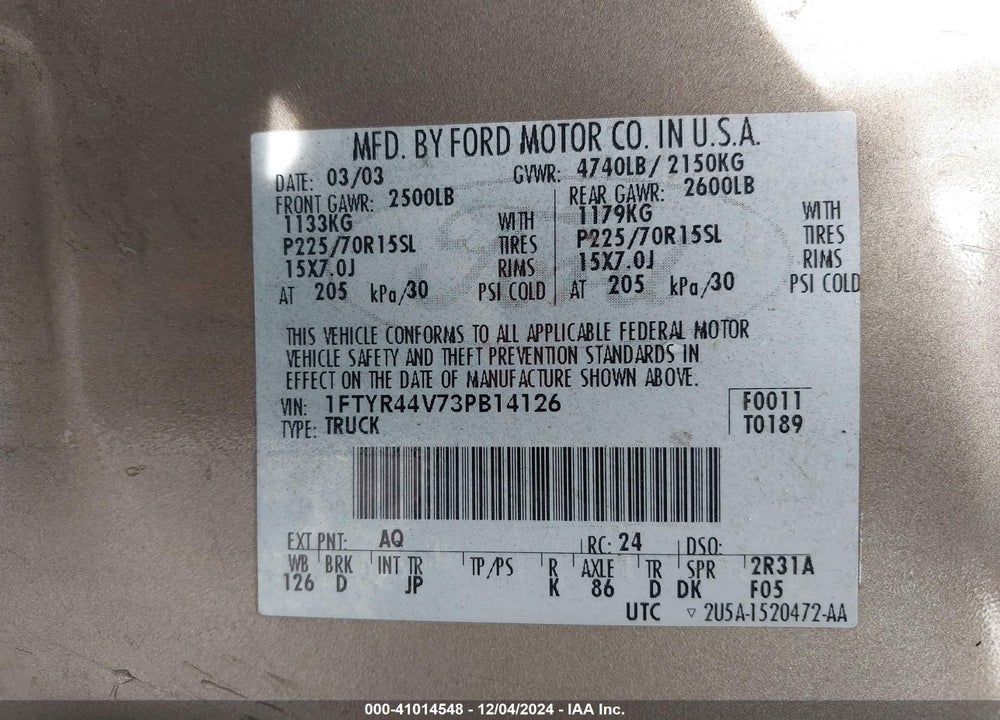 2003 FORD RANGER EDGE/TREMOR/XLT VIN: 1FTYR44V73PB14126