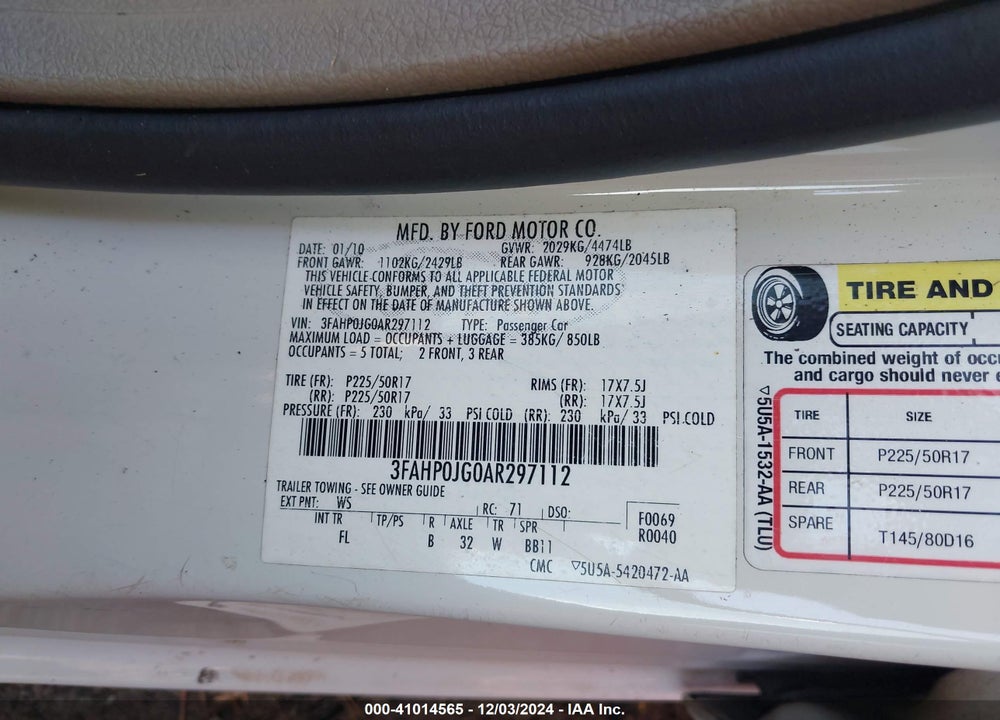 2010 FORD FUSION SEL VIN: 3FAHP0JG0AR297112