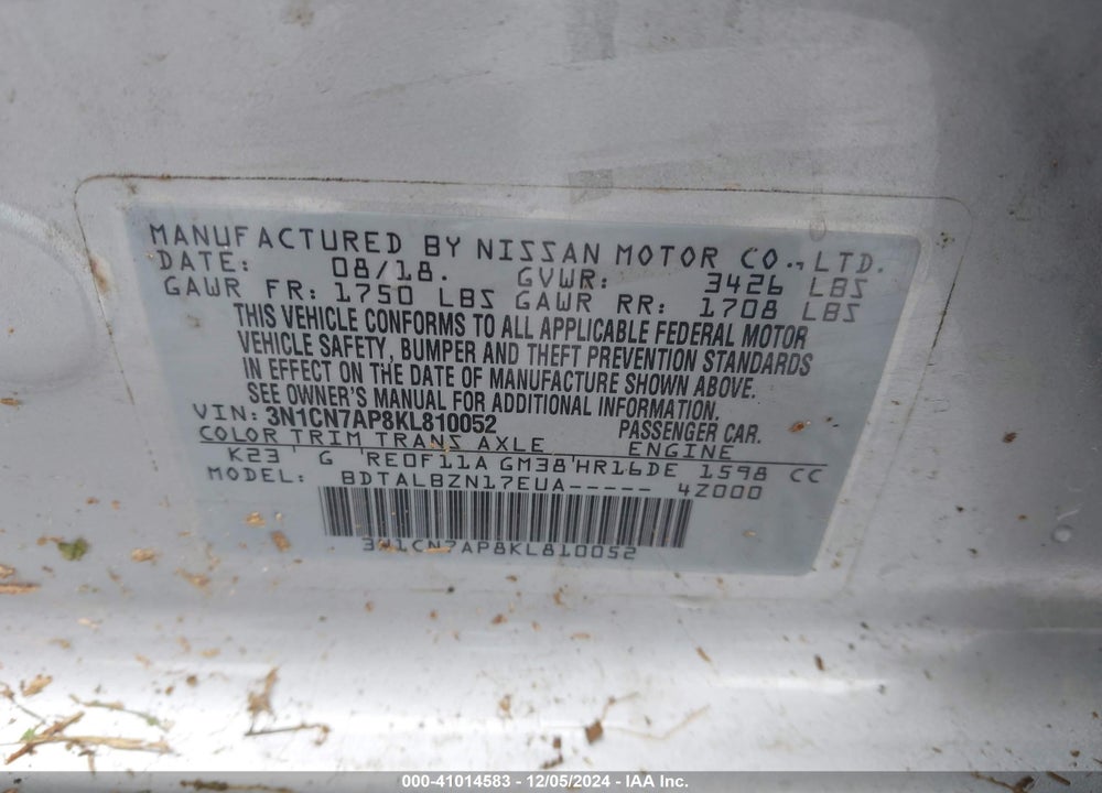 2019 NISSAN VERSA VIN: 3N1CN7AP8KL810052