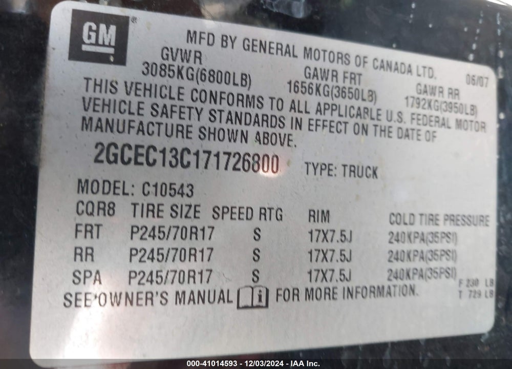 2007 CHEVROLET SILVERADO 1500 WORK TRUCK VIN: 2GCEC13C171726800