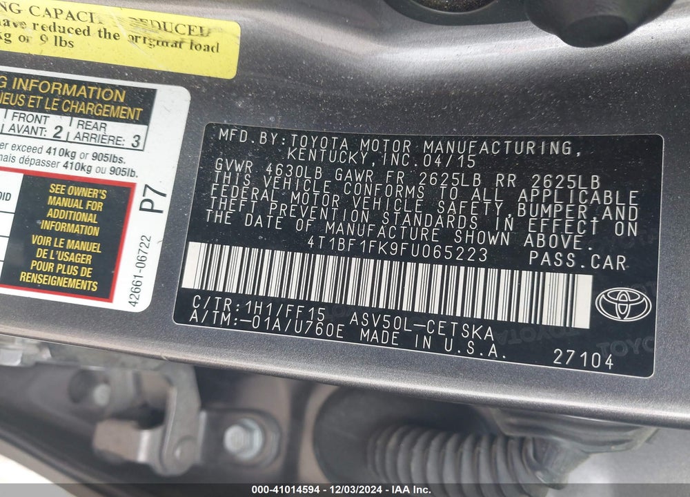 2015 TOYOTA CAMRY SE VIN: 4T1BF1FK9FU065223
