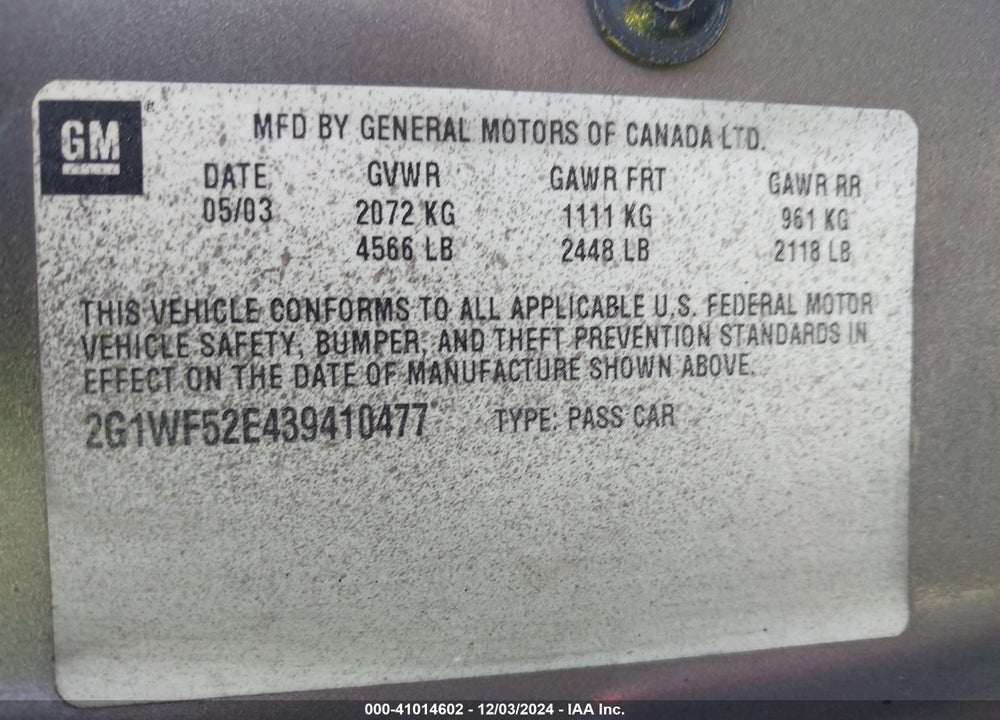 2003 CHEVROLET IMPALA VIN: 2G1WF52E439410477