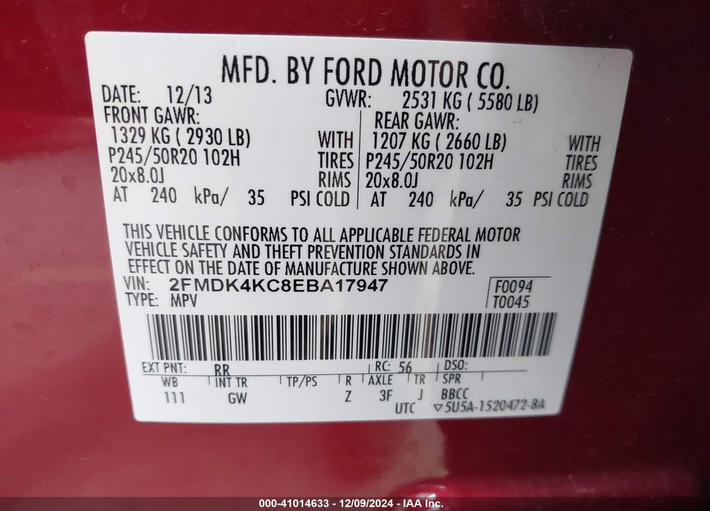 2014 FORD EDGE LIMITED VIN: 2FMDK4KC8EBA17947