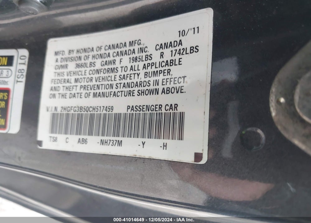 2012 HONDA CIVIC LX VIN: 2HGFG3B50CH517459