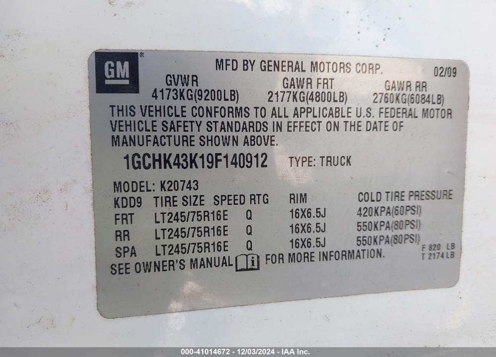 2009 CHEVROLET SILVERADO 2500HD WORK TRUCK VIN: 1GCHK43K19F140912