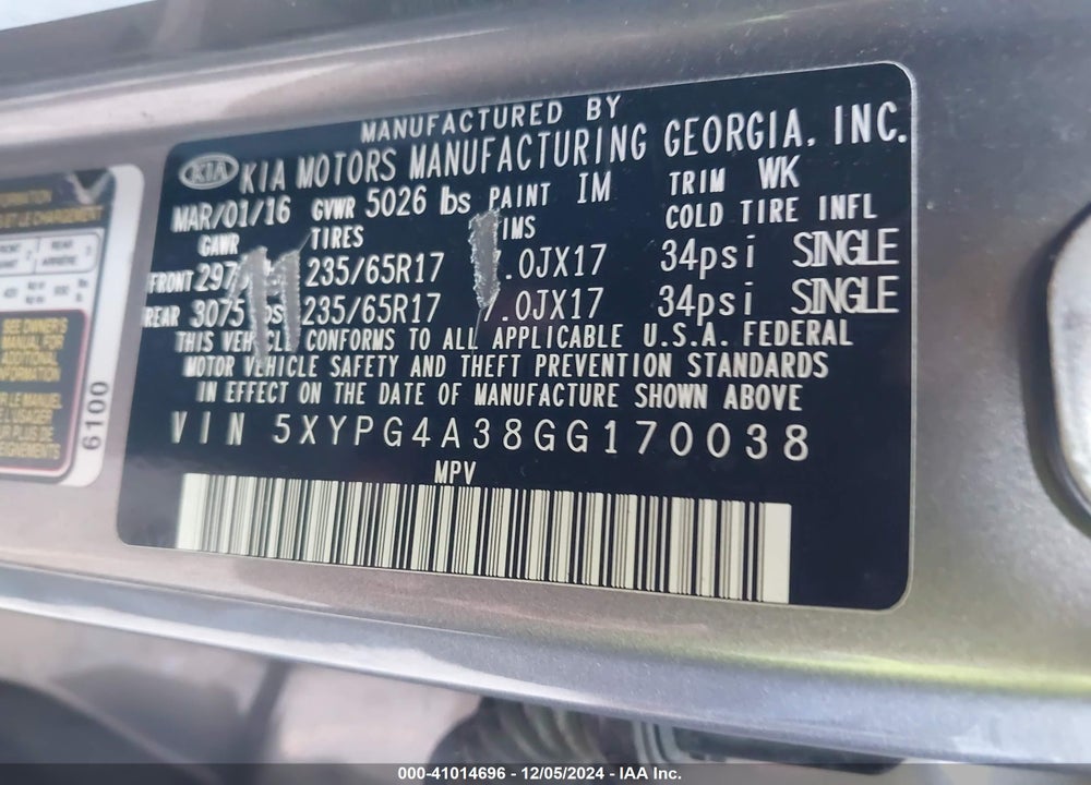 2016 KIA SORENTO 2.4L LX VIN: 5XYPG4A38GG170038