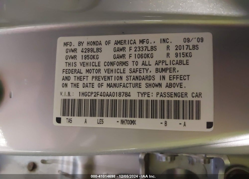 2010 HONDA ACCORD 2.4 LX-P VIN: 1HGCP2F40AA018784