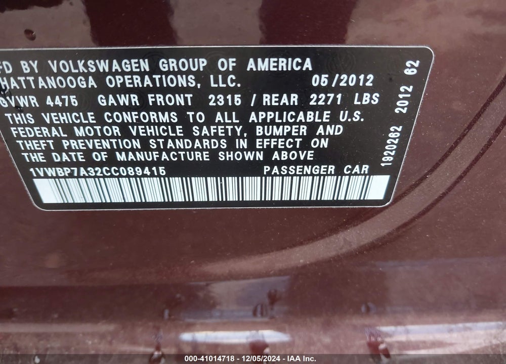 2012 VOLKSWAGEN PASSAT 2.5L SE VIN: 1VWBP7A32CC089415