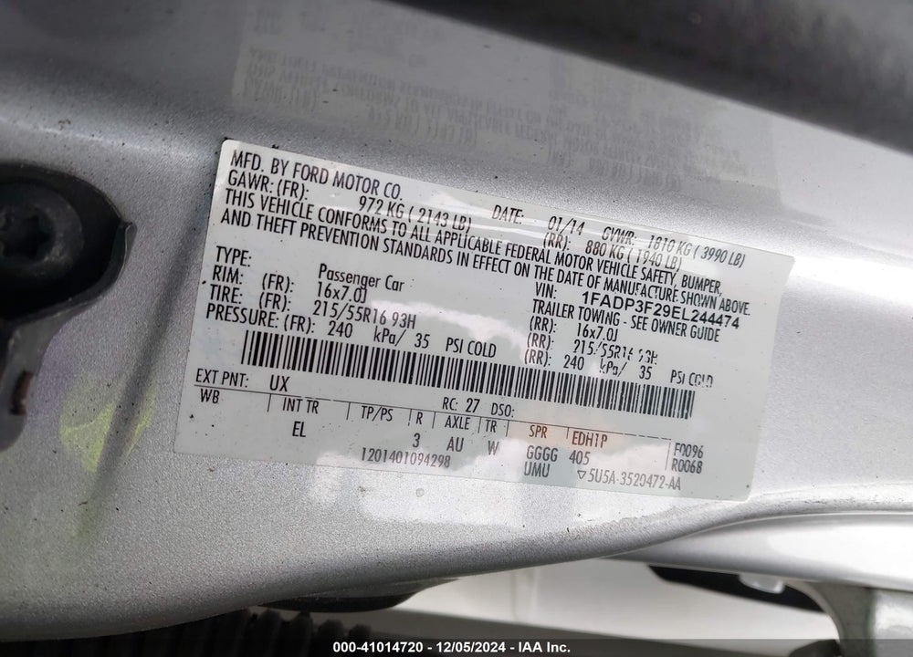 2014 FORD FOCUS SE VIN: 1FADP3F29EL244474
