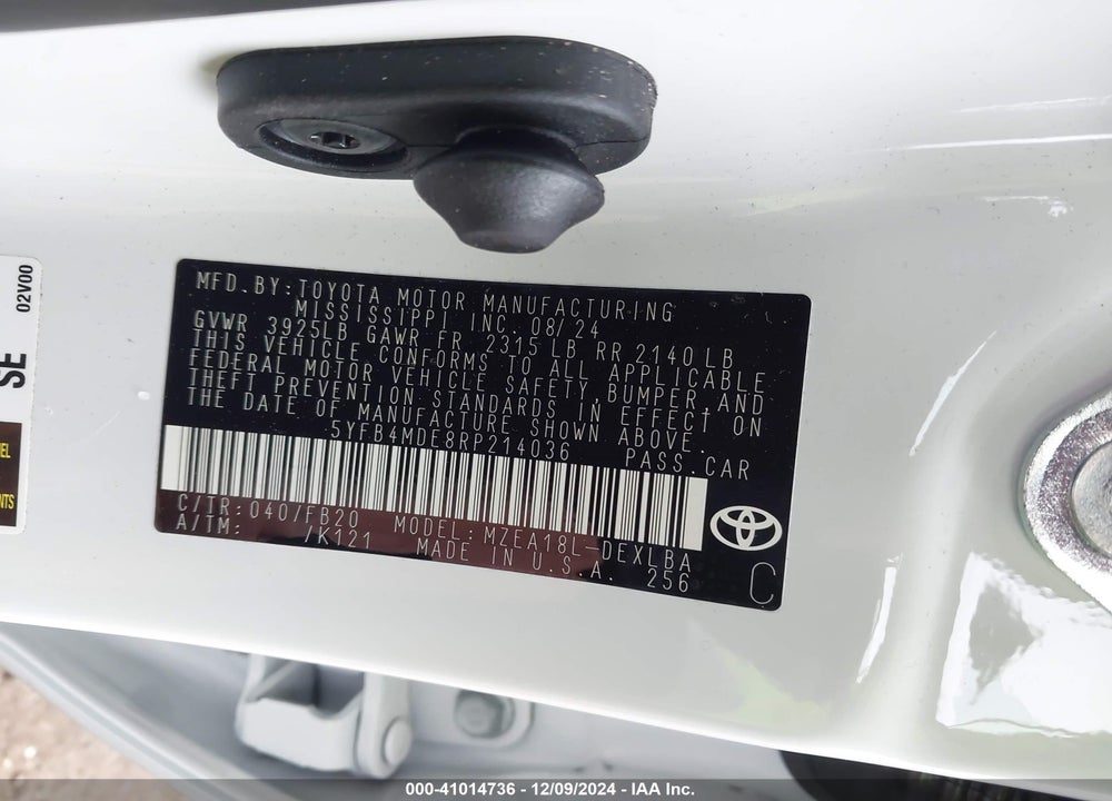2024 TOYOTA COROLLA LE VIN: 5YFB4MDE8RP214036