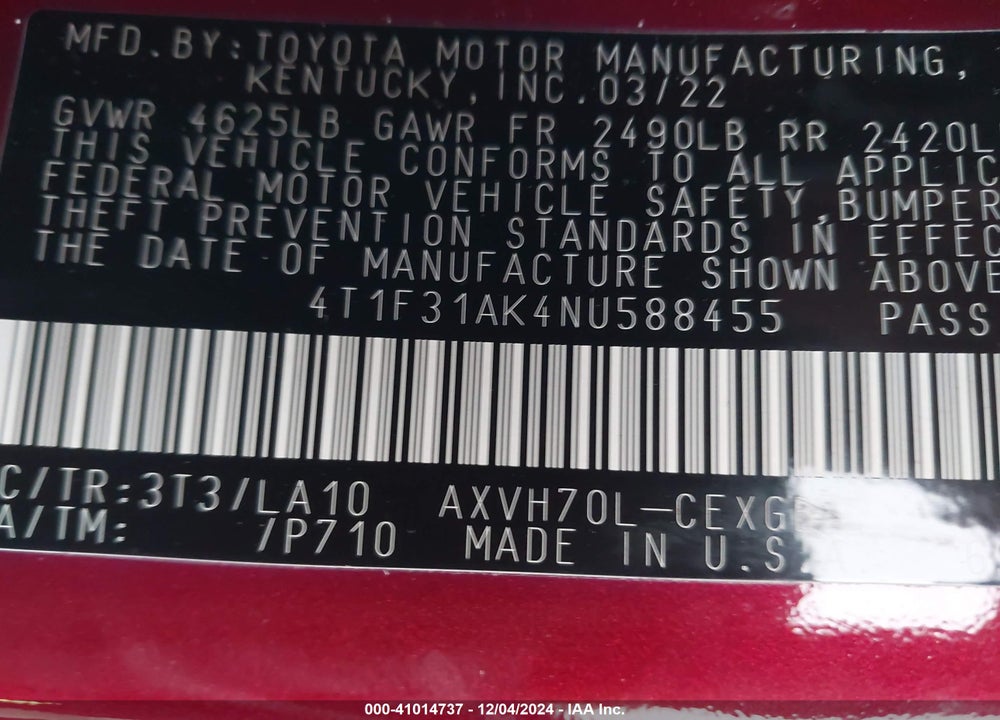 2022 TOYOTA CAMRY XLE HYBRID VIN: 4T1F31AK4NU588455
