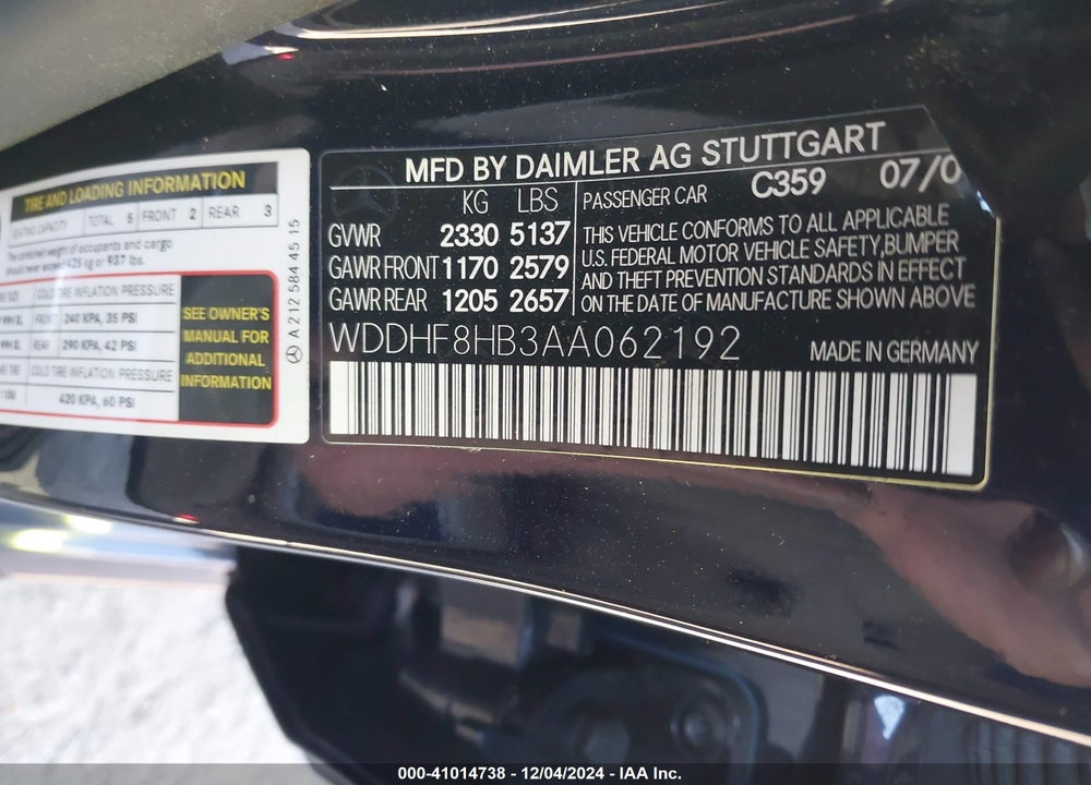 2010 MERCEDES-BENZ E 350 4MATIC VIN: WDDHF8HB3AA062192