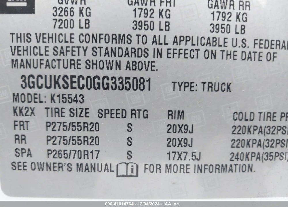 2016 CHEVROLET SILVERADO 1500 1LZ VIN: 3GCUKSEC0GG335081