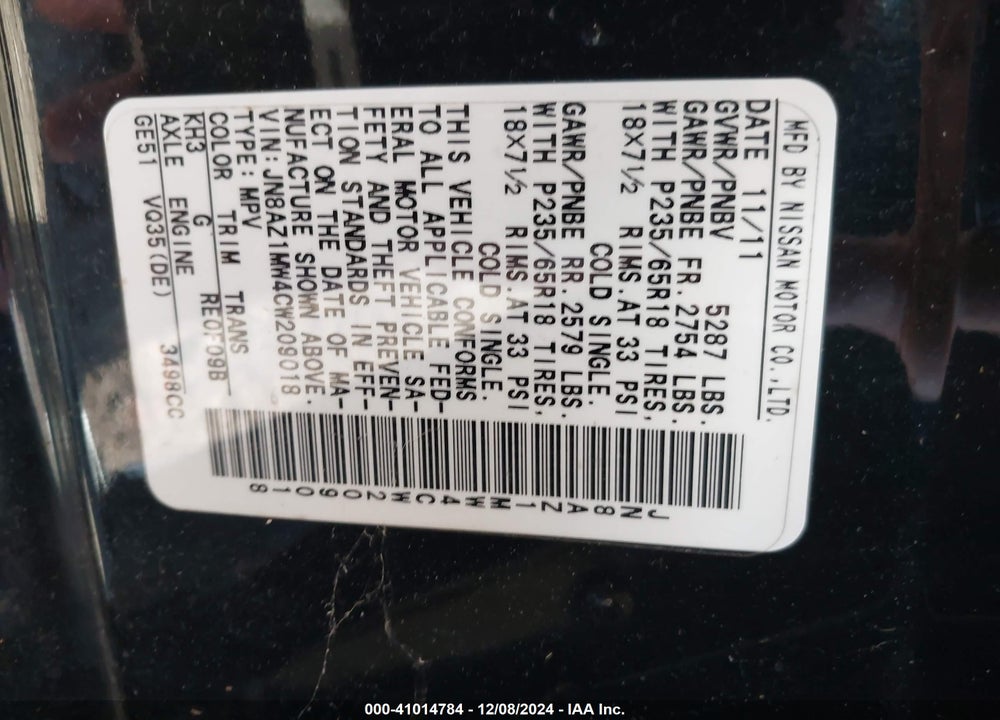 2012 NISSAN MURANO S VIN: JN8AZ1MW4CW209018