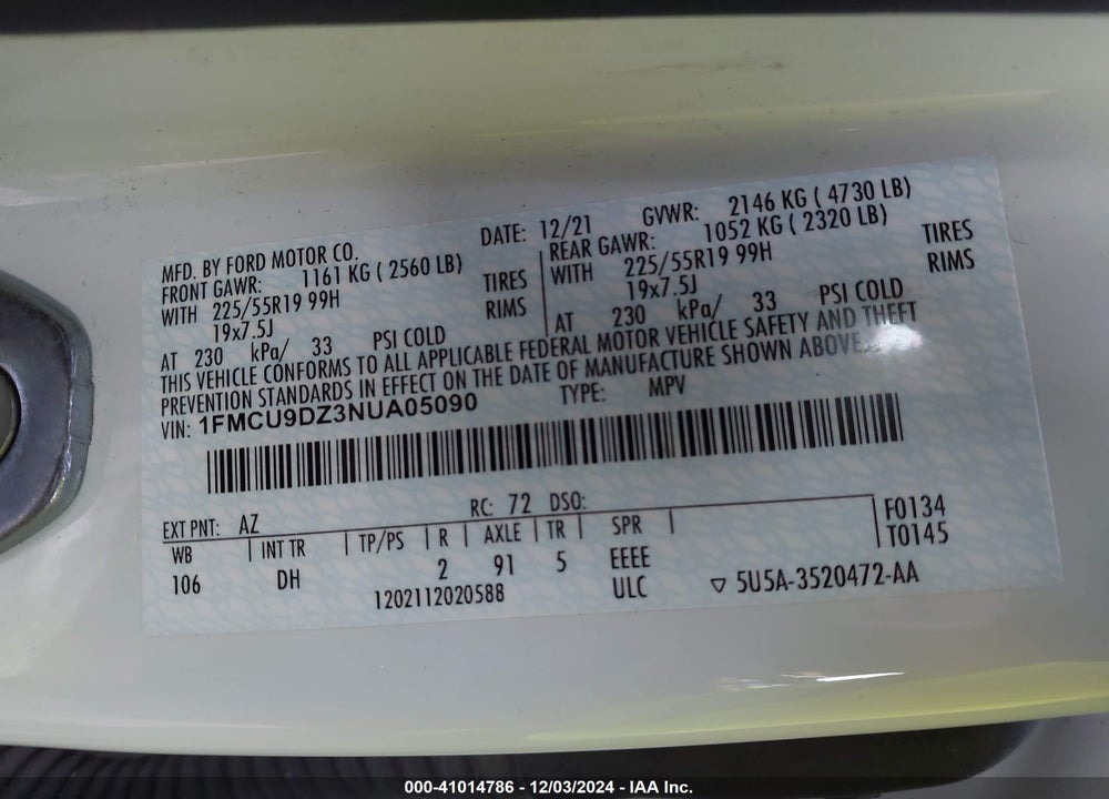 2022 FORD ESCAPE TITANIUM HYBRID VIN: 1FMCU9DZ3NUA05090