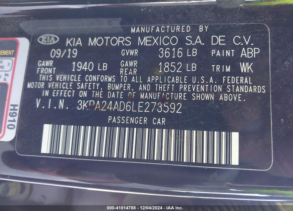2020 KIA RIO S VIN: 3KPA24AD6LE273592