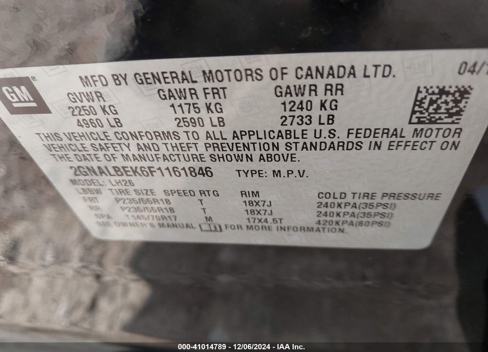 2015 CHEVROLET EQUINOX 1LT VIN: 2GNALBEK6F1161846
