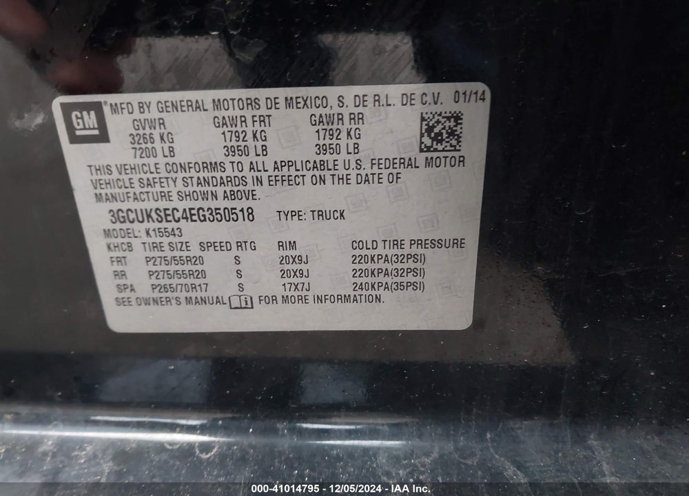 2014 CHEVROLET SILVERADO 1500 2LZ VIN: 3GCUKSEC4EG350518