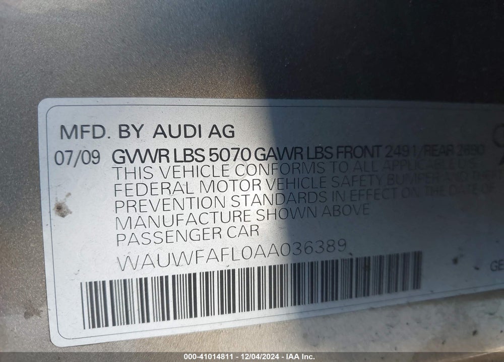 2010 AUDI A4 2.0T PREMIUM VIN: WAUWFAFL0AA036389