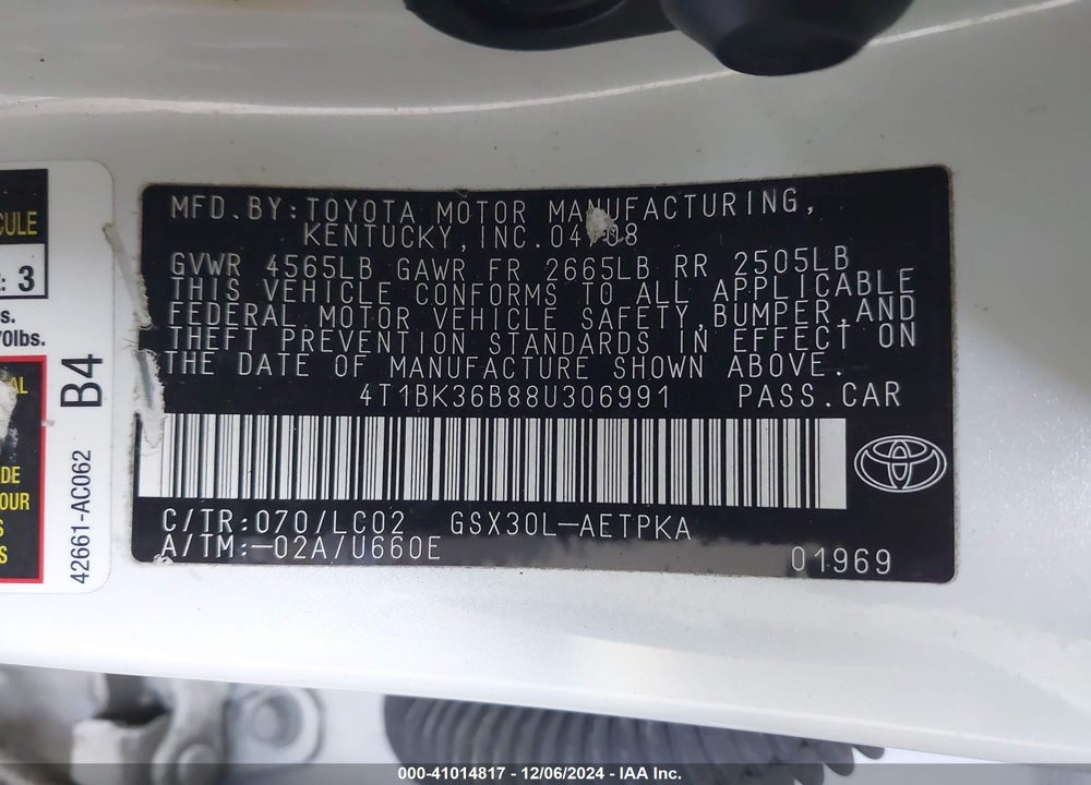 2008 TOYOTA AVALON LIMITED VIN: 4T1BK36B88U306991