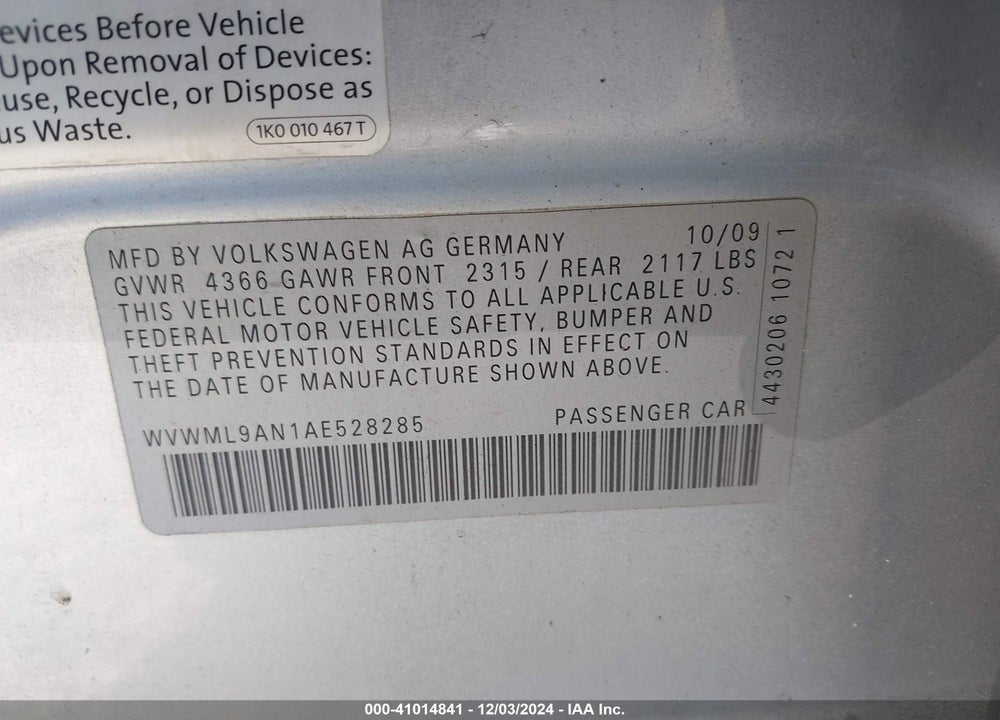 2010 VOLKSWAGEN CC SPORT VIN: WVWML9AN1AE528285