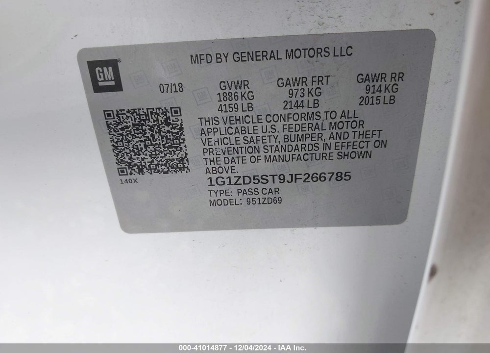 2018 CHEVROLET MALIBU LT VIN: 1G1ZD5ST9JF266785