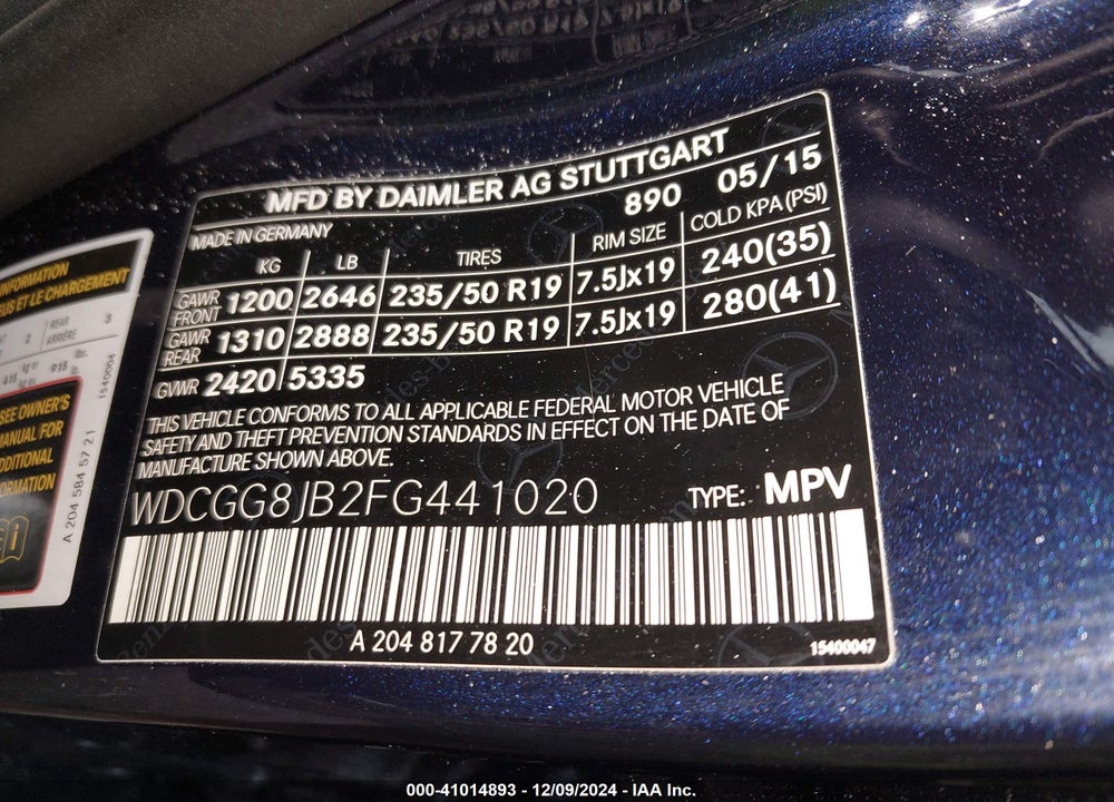 2015 MERCEDES-BENZ GLK 350 4MATIC VIN: WDCGG8JB2FG441020