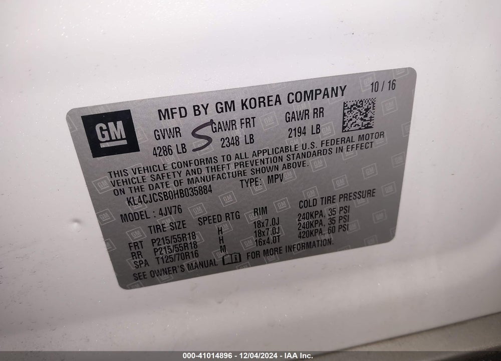 2017 BUICK ENCORE ESSENCE VIN: KL4CJCSB0HB035884