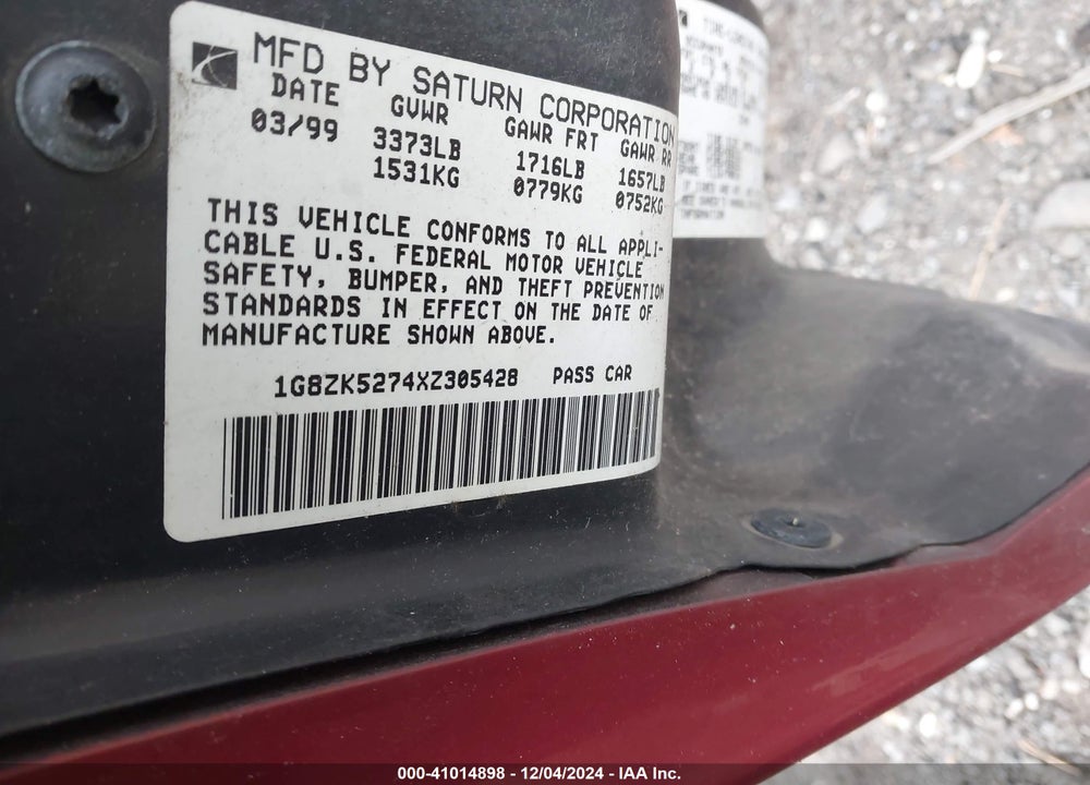 1999 SATURN SL2 VIN: 1G8ZK5274XZ305428