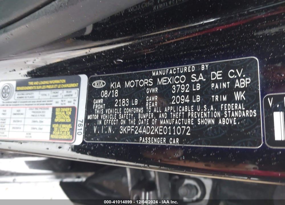 2019 KIA FORTE LXS VIN: 3KPF24AD2KE011072
