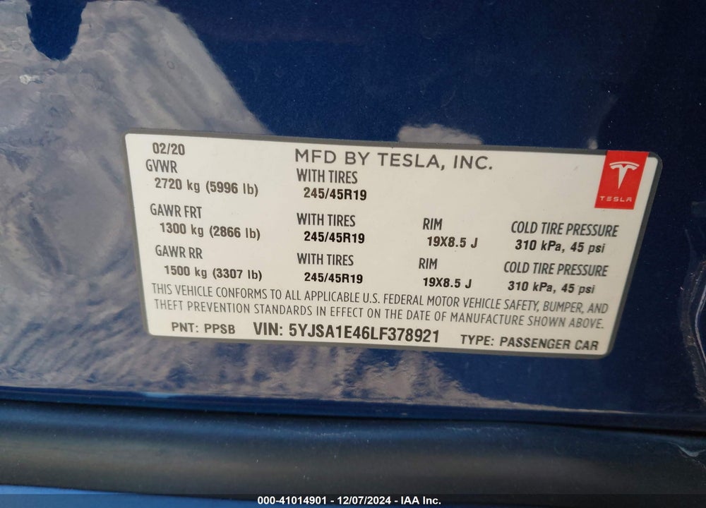 2020 TESLA MODEL S PERFORMANCE DUAL MOTOR ALL-WHEEL DRIVE VIN: 5YJSA1E46LF378921