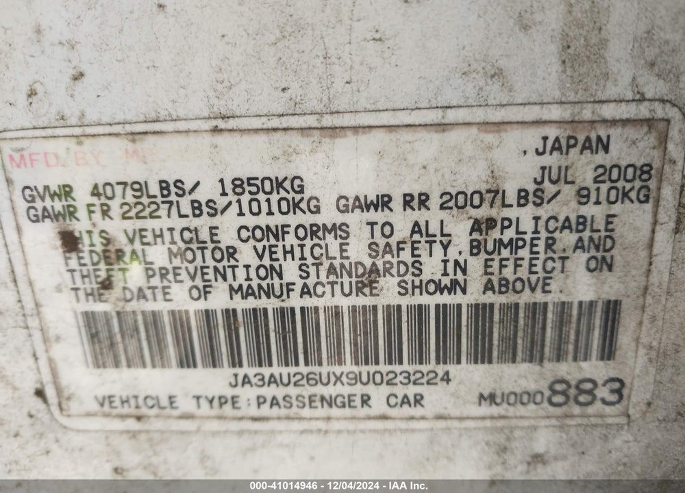 2009 MITSUBISHI LANCER ES/ES SPORT VIN: JA3AU26UX9U023224