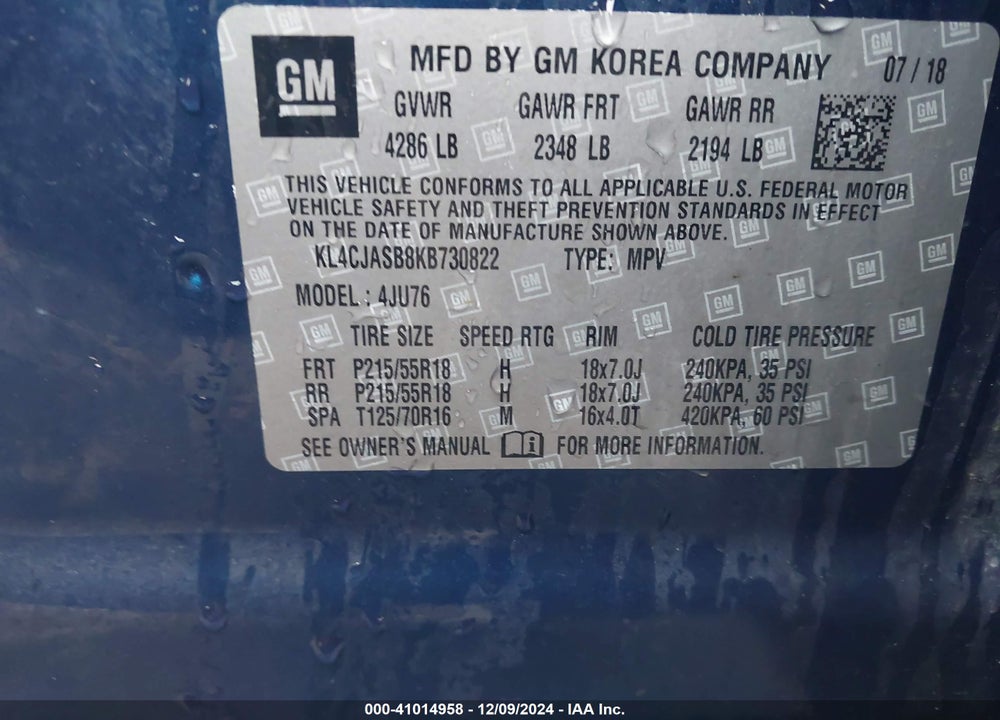 2019 BUICK ENCORE FWD PREFERRED VIN: KL4CJASB8KB730822