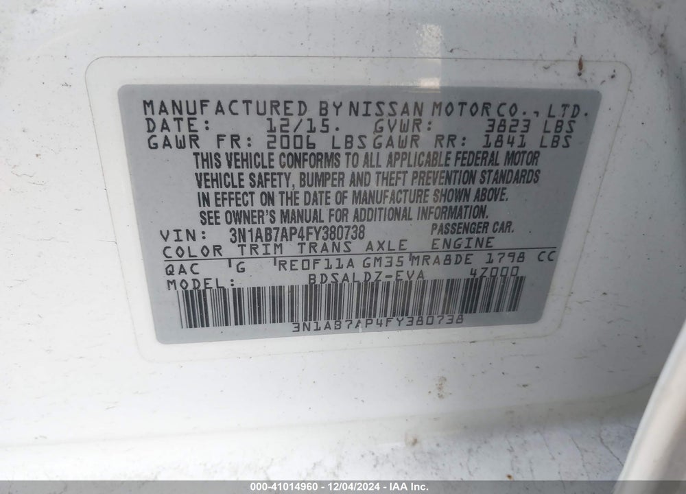 2015 NISSAN SENTRA SV VIN: 3N1AB7AP4FY380738