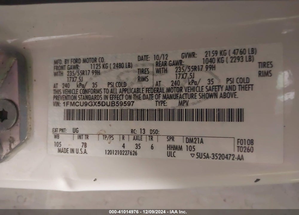 2013 FORD ESCAPE SE VIN: 1FMCU9GX5DUB59597