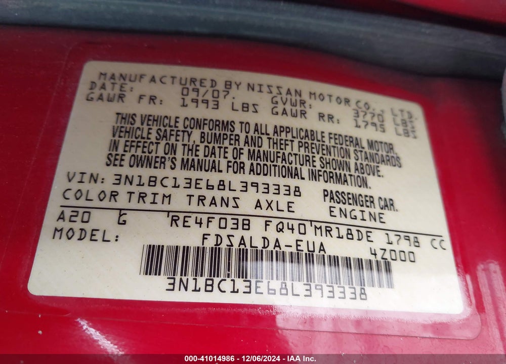 2008 NISSAN VERSA 1.8S VIN: 3N1BC13E68L393338