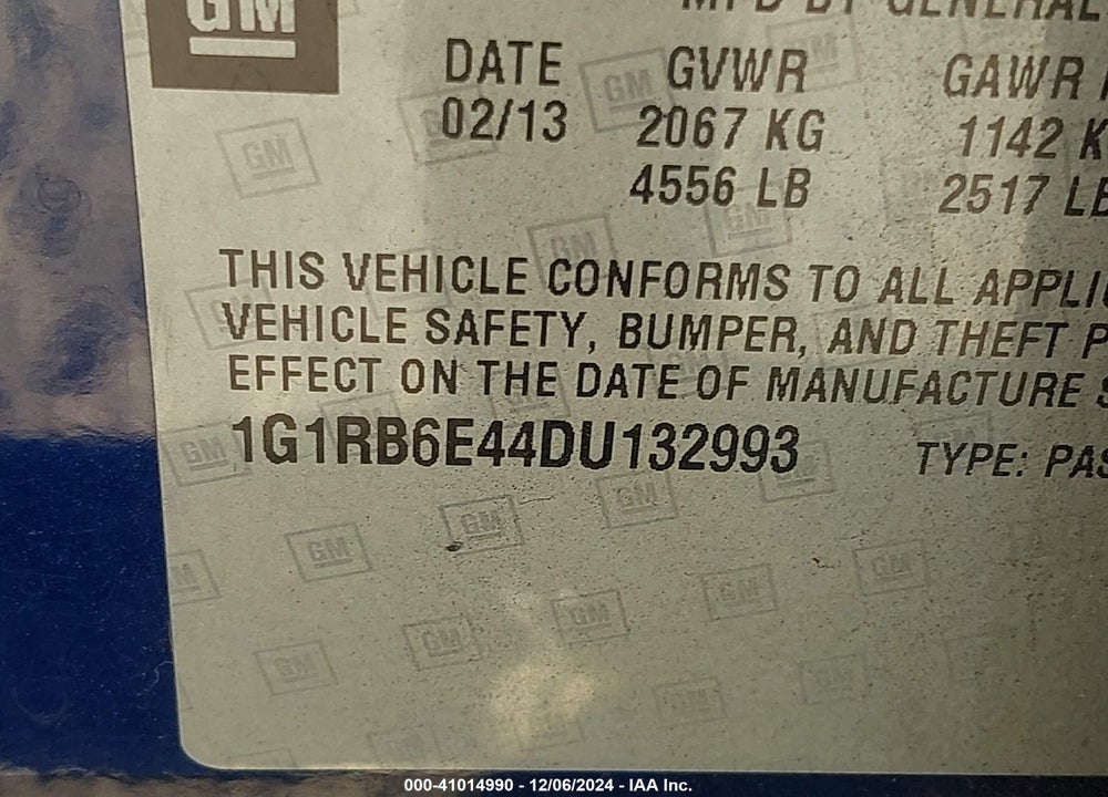 2013 CHEVROLET VOLT VIN: 1G1RB6E44DU132993