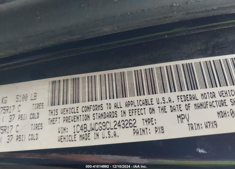 2012 JEEP WRANGLER RUBICON VIN: 1C4BJWCG9CL243262