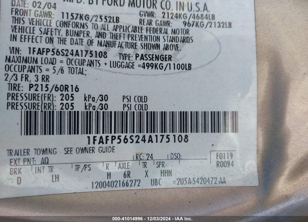 2004 FORD TAURUS SEL VIN: 1FAFP56S24A175108