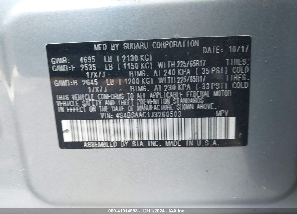 2018 SUBARU OUTBACK VIN: 4S4BSAAC1J3260503